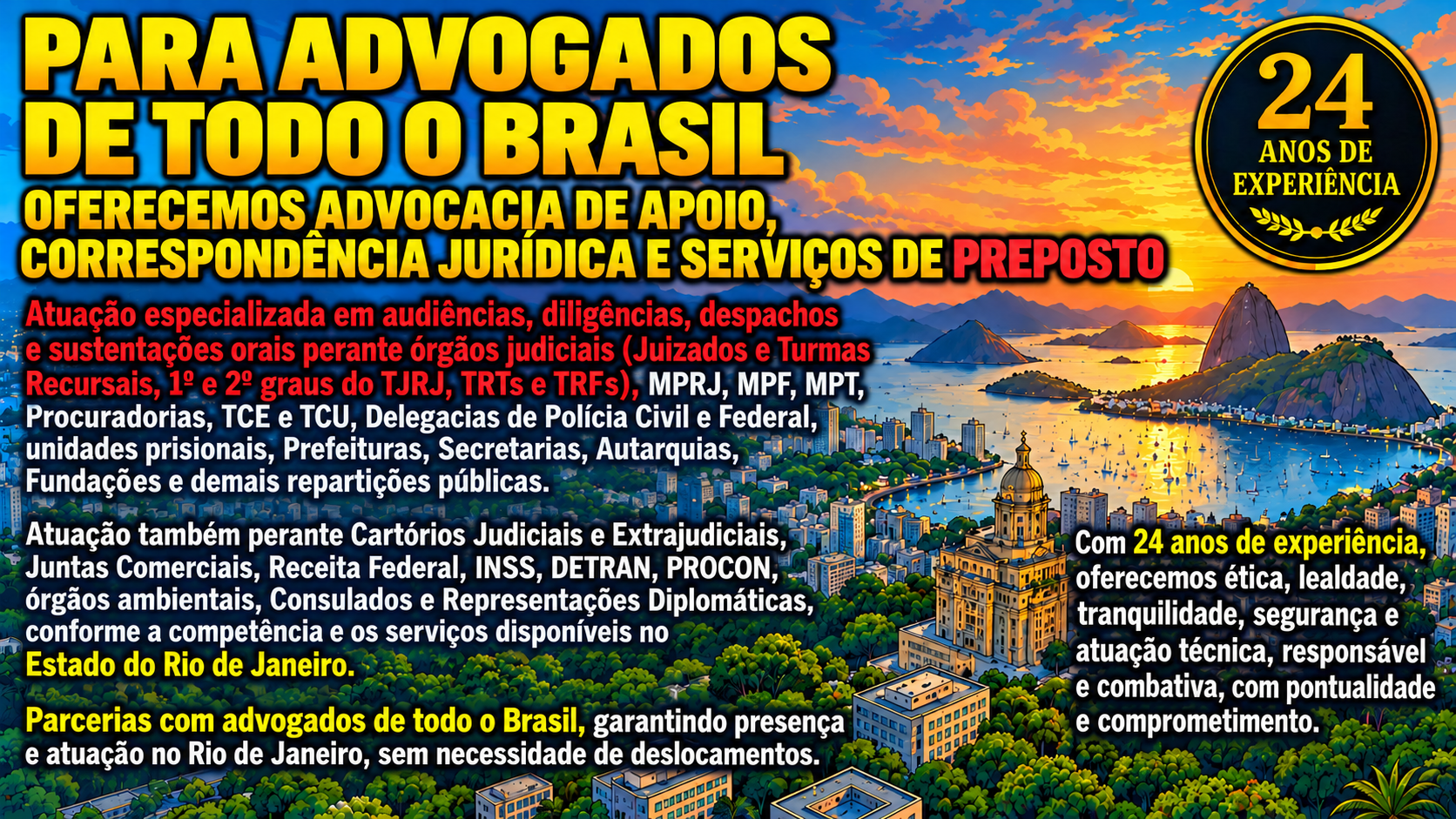 Advocacia de apoio, correspondência jurídica e serviços de preposto para advogados de todo o Brasil, com atuação no Estado do Rio de Janeiro